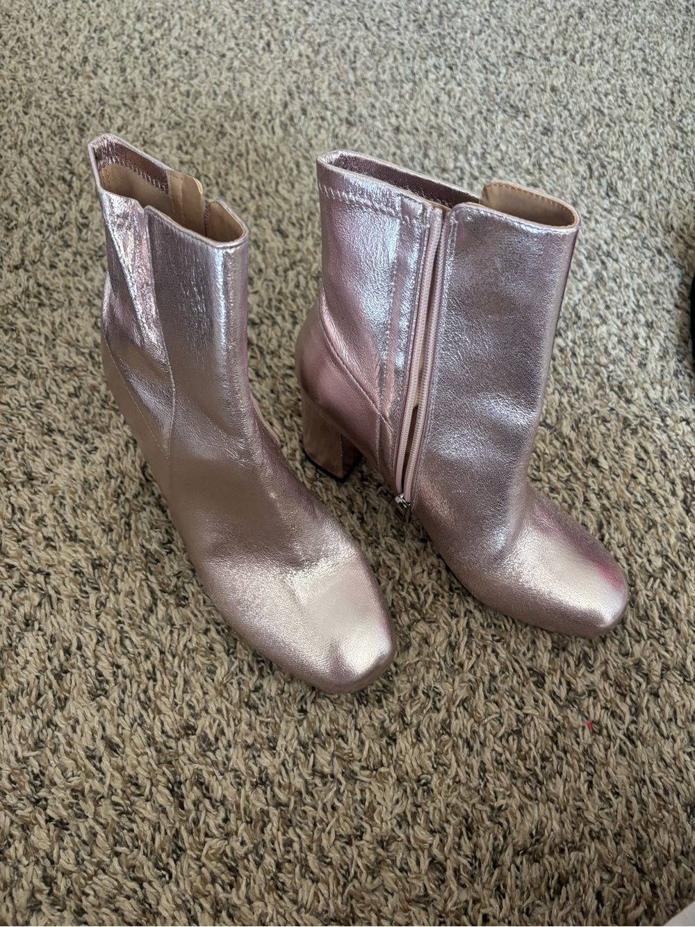 Metallic Pink Block Heel Ankle Boots - Women's